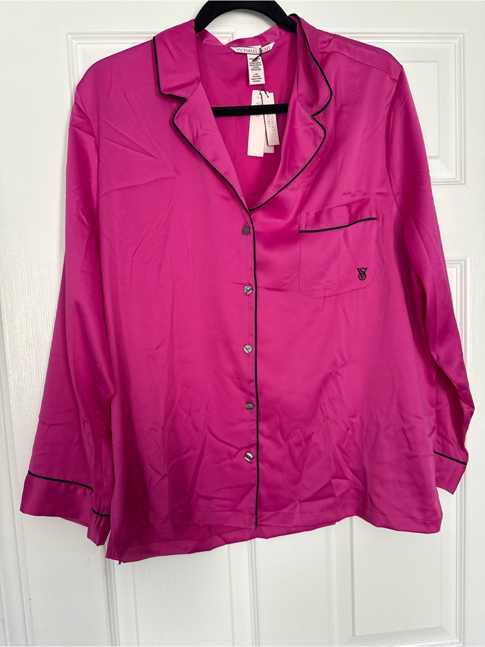 Victoria's Secret Fuchsia Satin Pajama set with Black Piping- size L